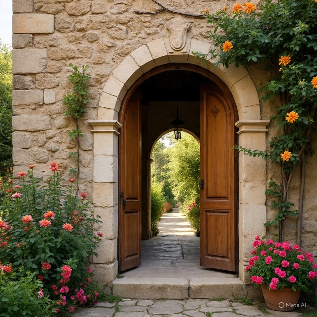 Arched stone doorway with wooden doors and flowers.