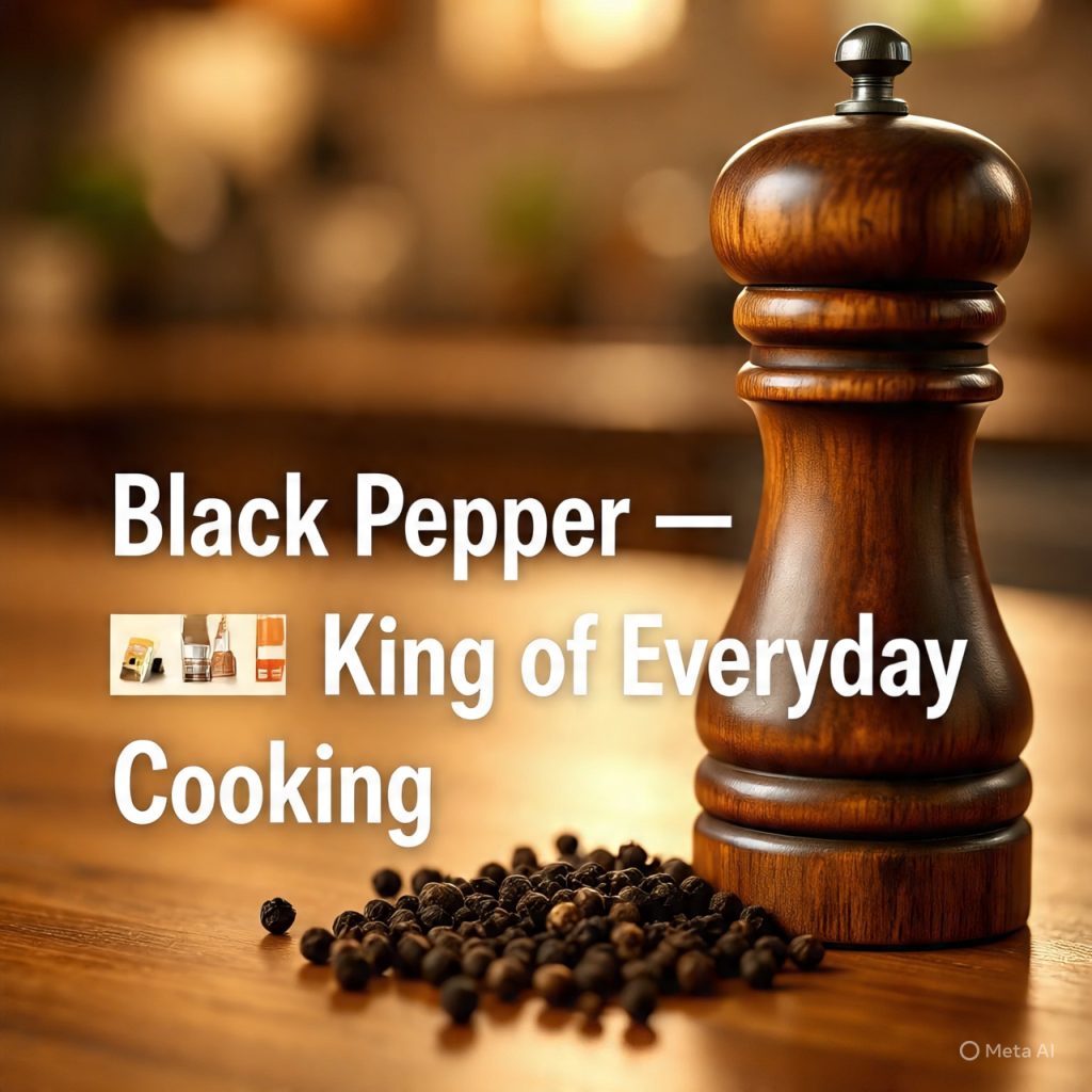 A wooden pepper mill next to a pile of black peppercorns on a wooden table. The text "Black Pepper — King of Everyday Cooking" is overlaid on the image.
