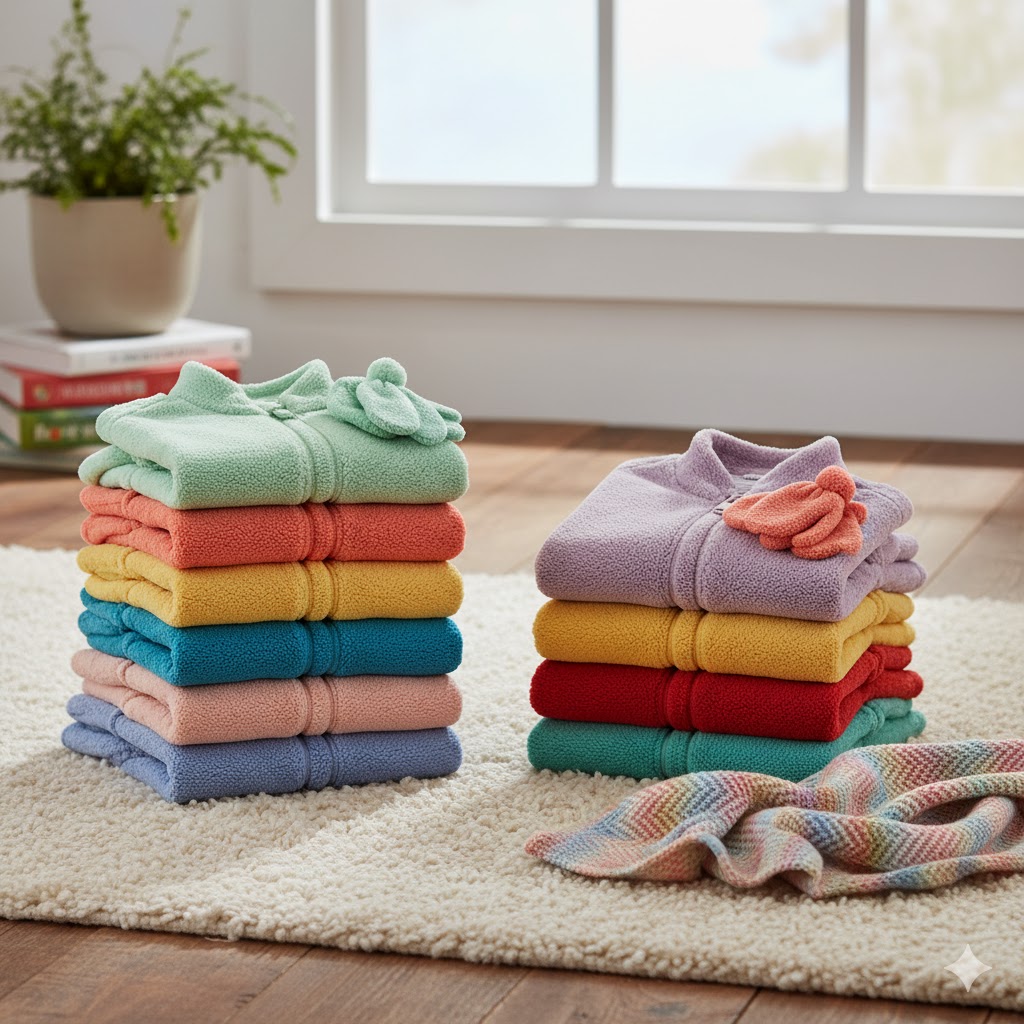 Warm fleece pullovers for kids in cheerful winter colors.