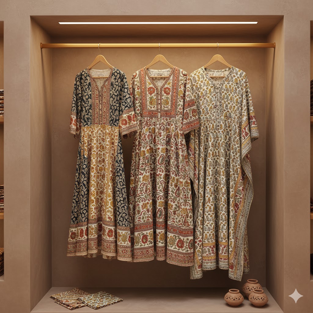 Block-printed cotton dresses in display.