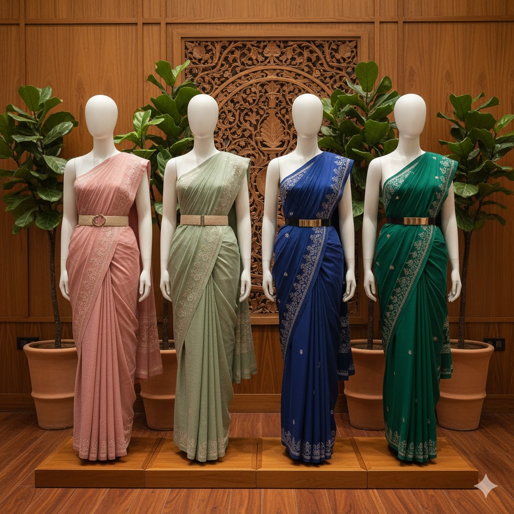 Modern sarees with belts on display.