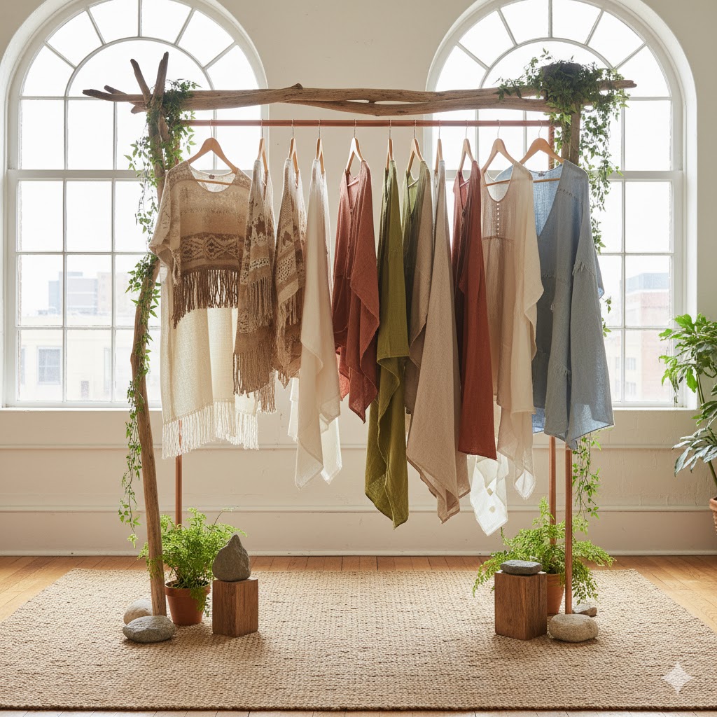 Sustainable fusion fashion garments in earthy and natural tones on display.