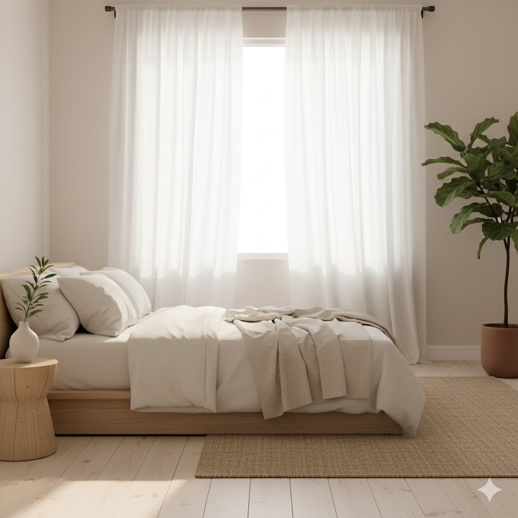 Sunlit bedroom with sheer curtains that create a soft spring glow.