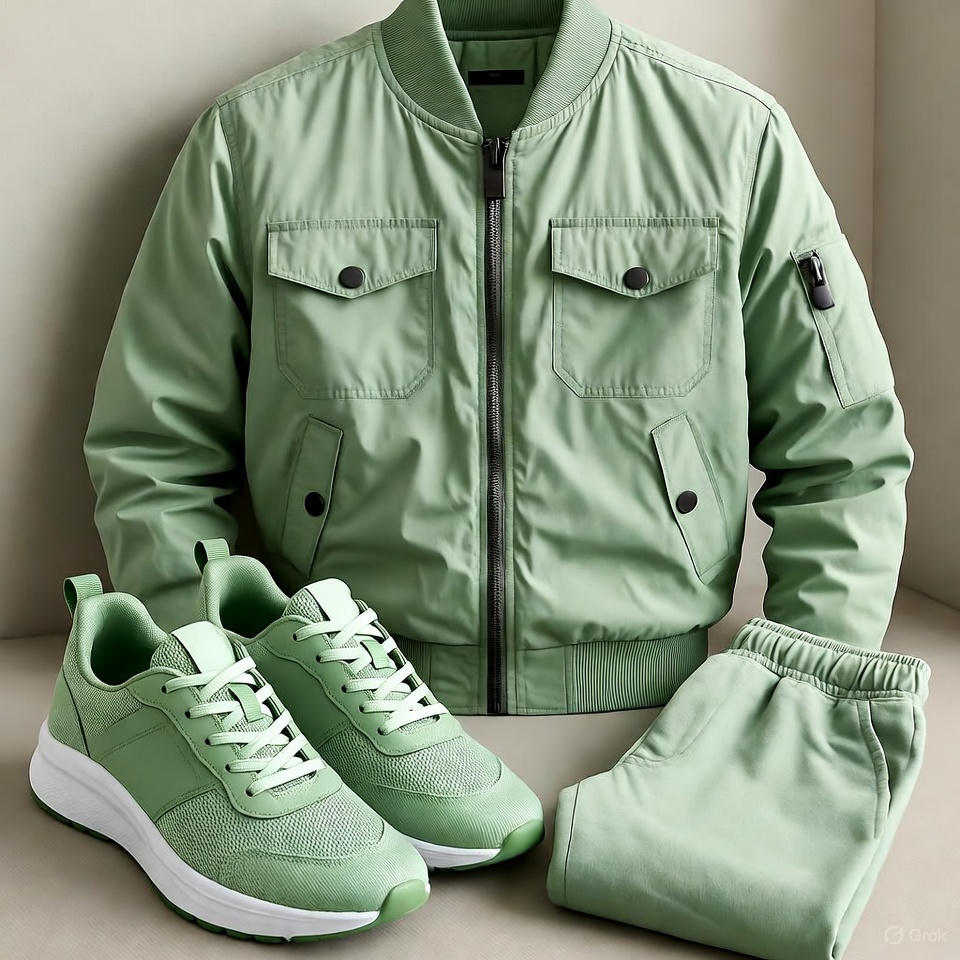 Sage green streetwear outfit representing calm and modern confidence.