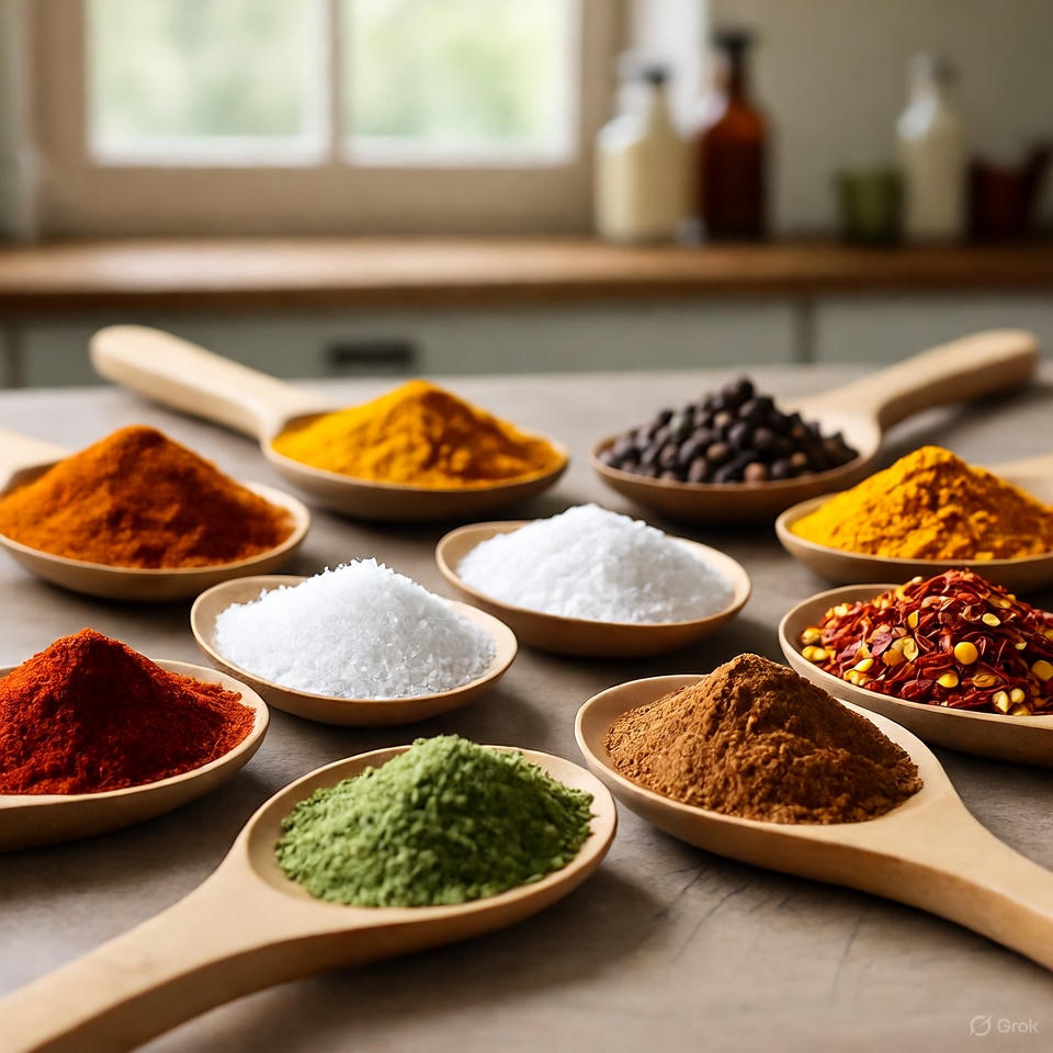 Variety of spices used for seasoning during cooking.