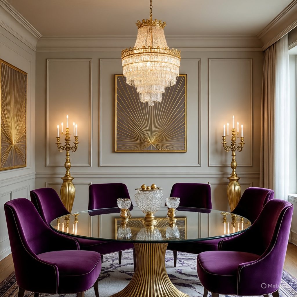 Art Deco dining room with gold accents and velvet chairs.