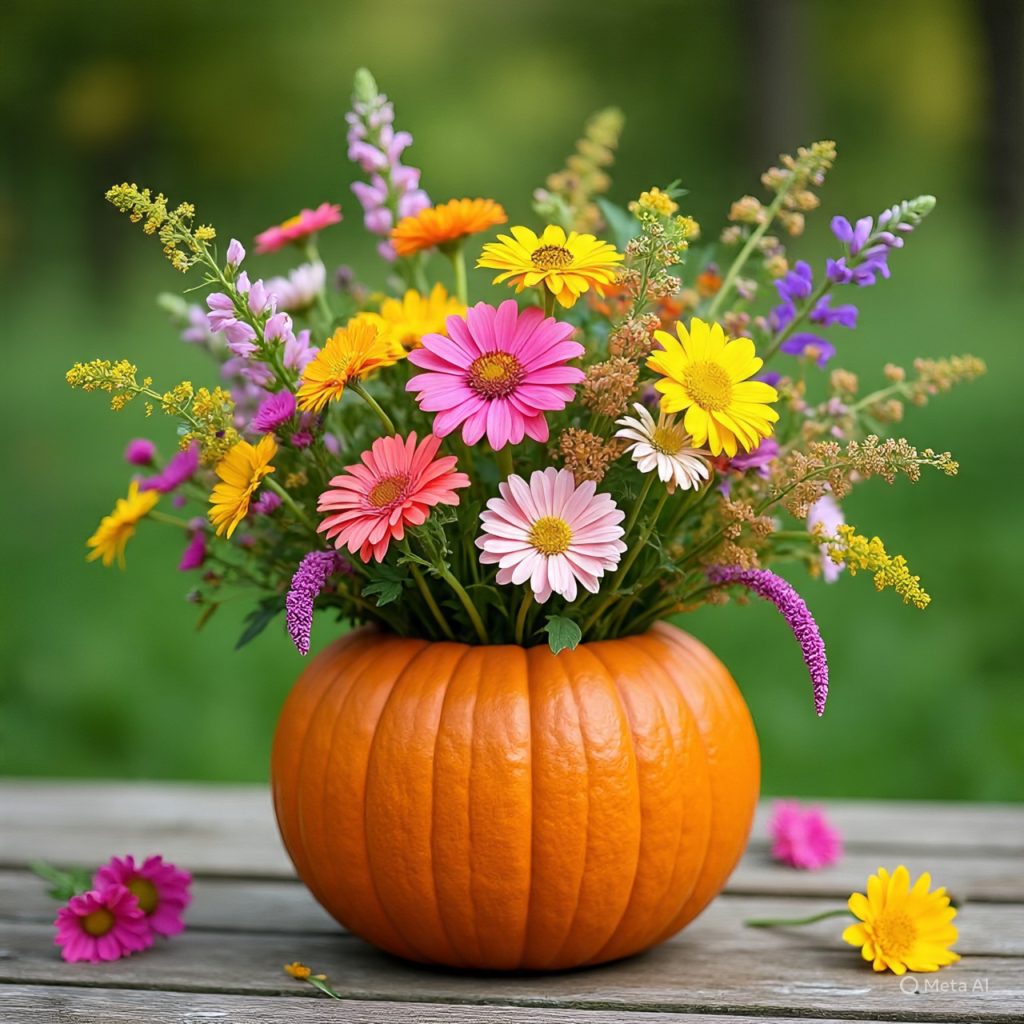Boho pumpkin vase filled with colorful wildflowers.
