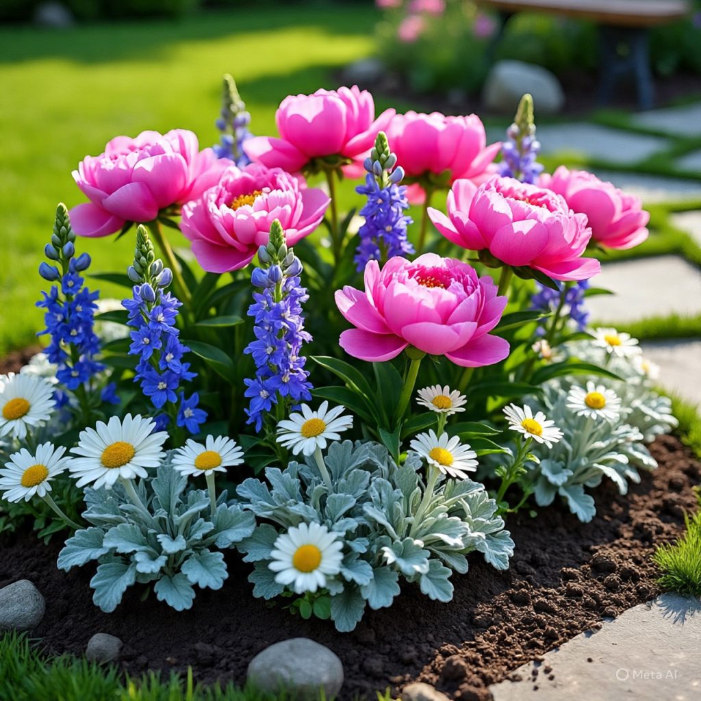 Layered pastel garden flowers arranged in natural color harmony.