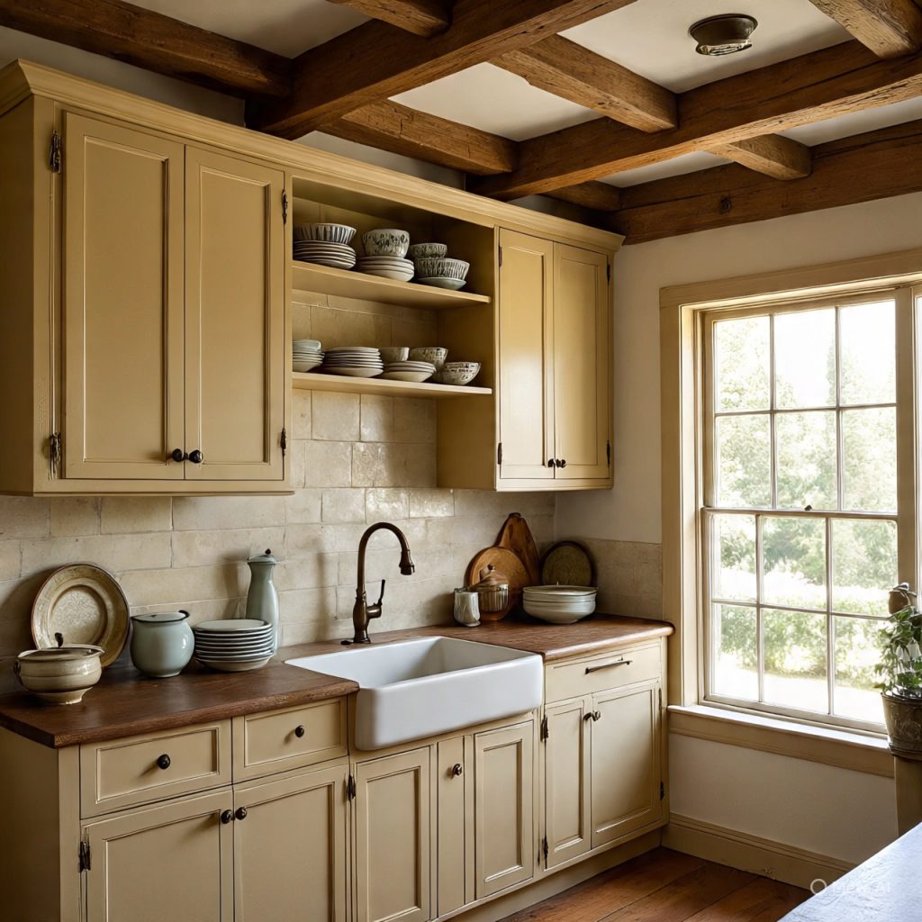 French-style beige kitchen with brass handles and farmhouse sink.