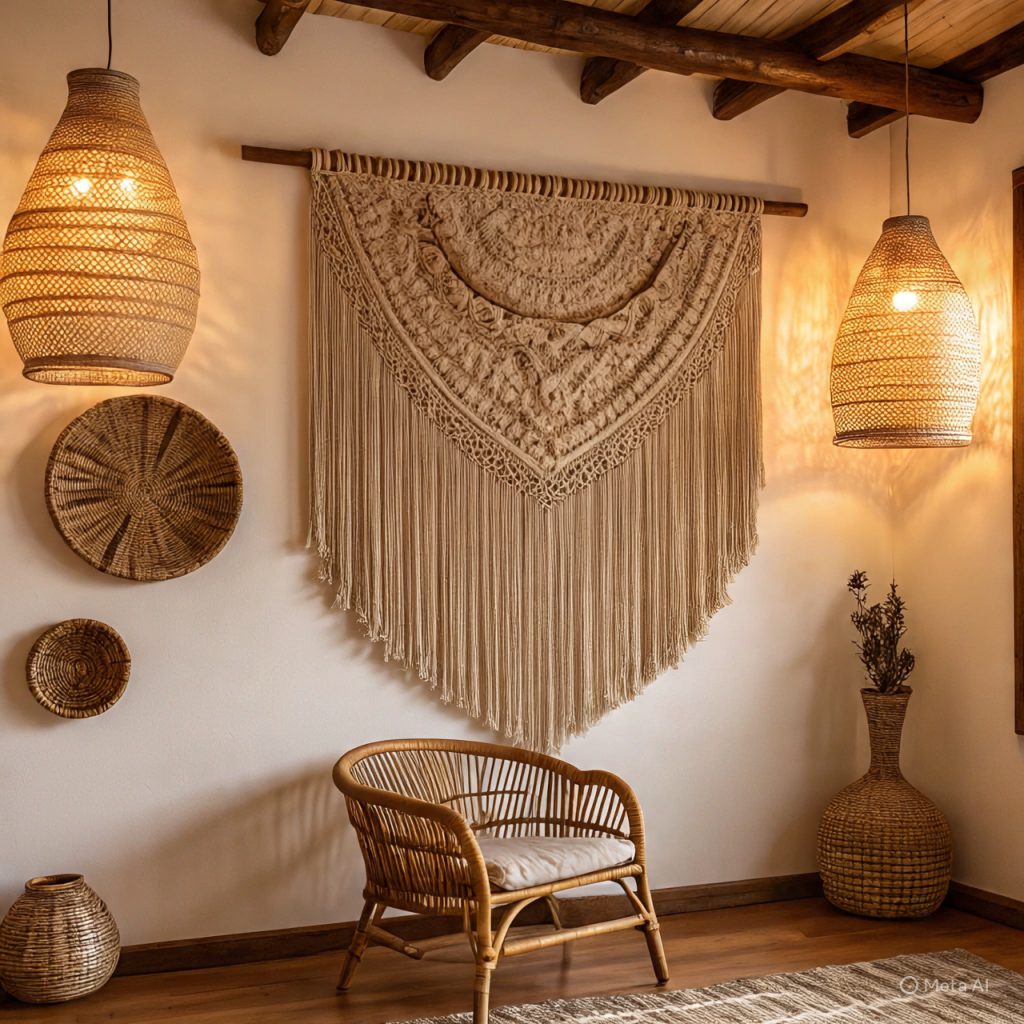 Rustic living room with rattan, bamboo, and macramé decor creating a cozy feel.