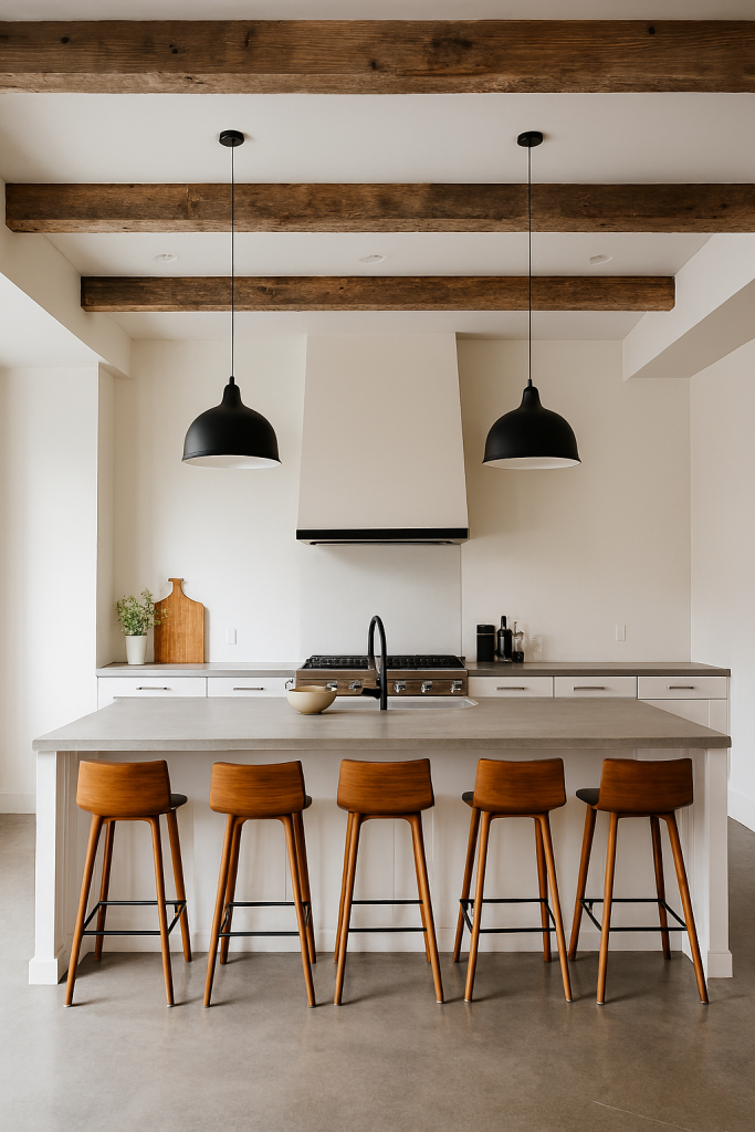 Industrial-style barndominium kitchen with exposed beams.
