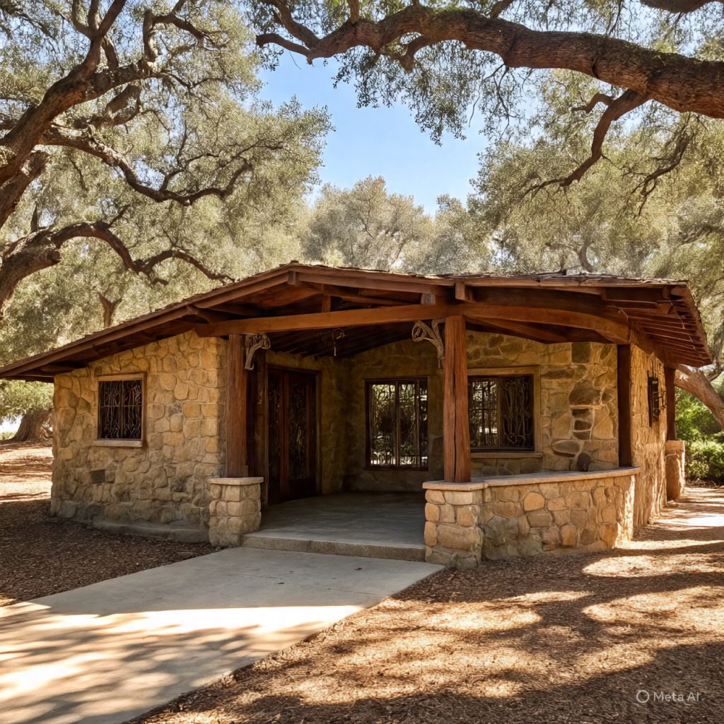 A rustic stone house with a wooden porch surrounded by trees.