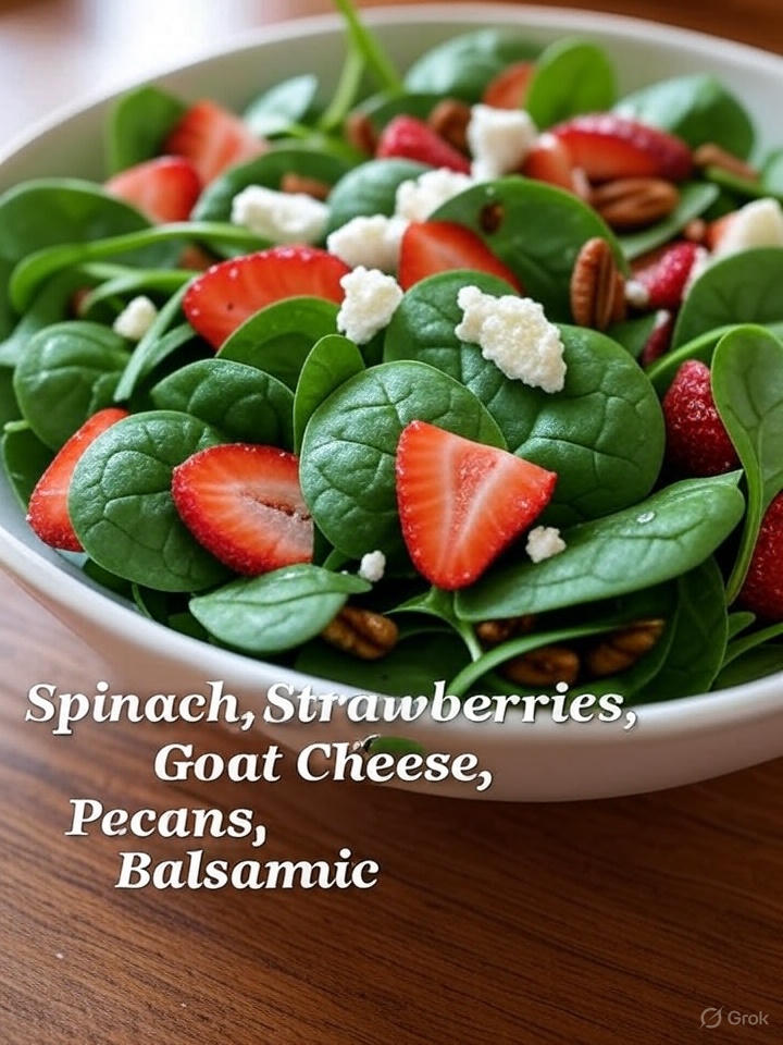 A salad with spinach, sliced strawberries, crumbled goat cheese, pecans, and a balsamic dressing. 