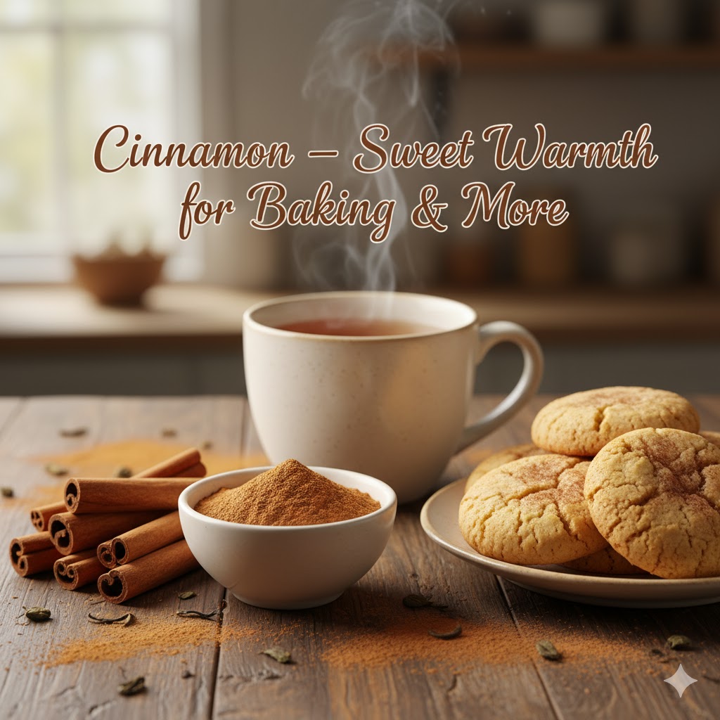 A steaming mug of tea with cinnamon sticks, ground cinnamon, and cookies on a table. The text "Cinnamon - Sweet Warmth for Baking & More" is overlaid on the image.