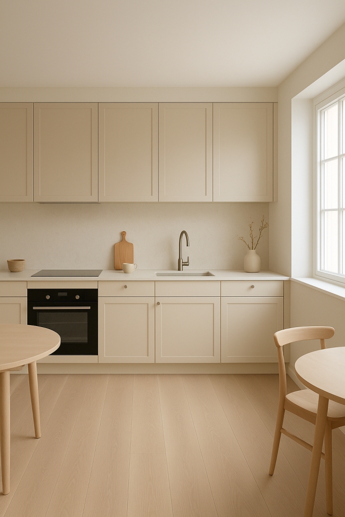 Simple Scandinavian beige kitchen with oak floors.