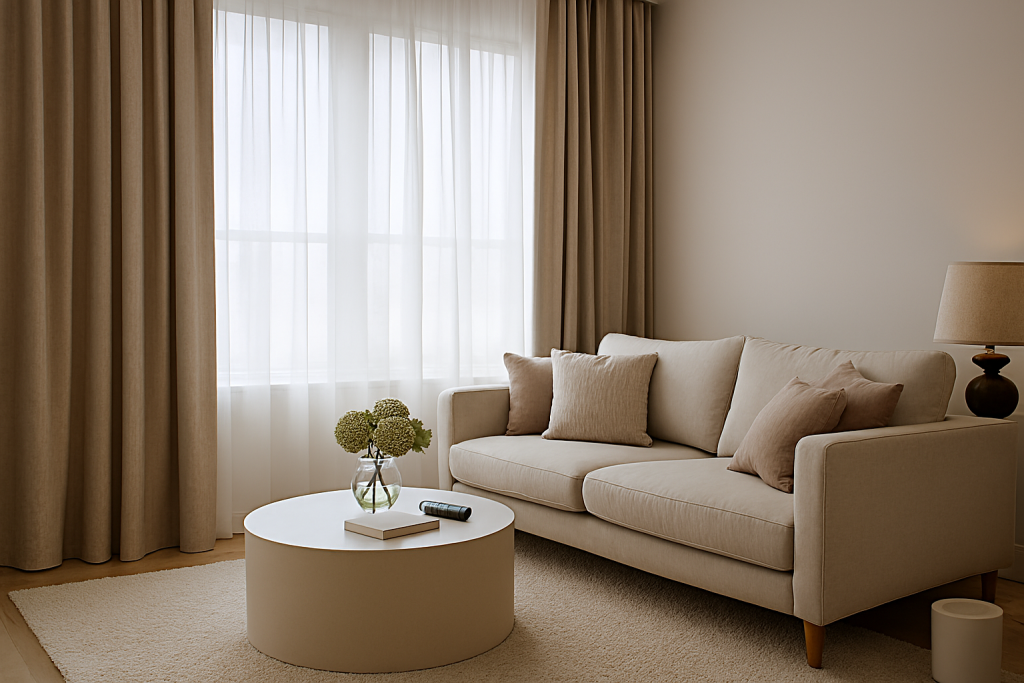 Layered sheer and blackout curtains in modern living room