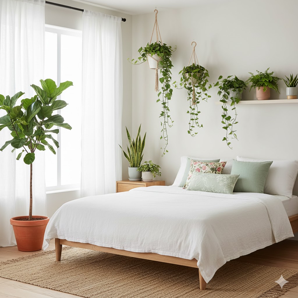 Greenery-filled bedroom with indoor plants adding a spring vibe.
