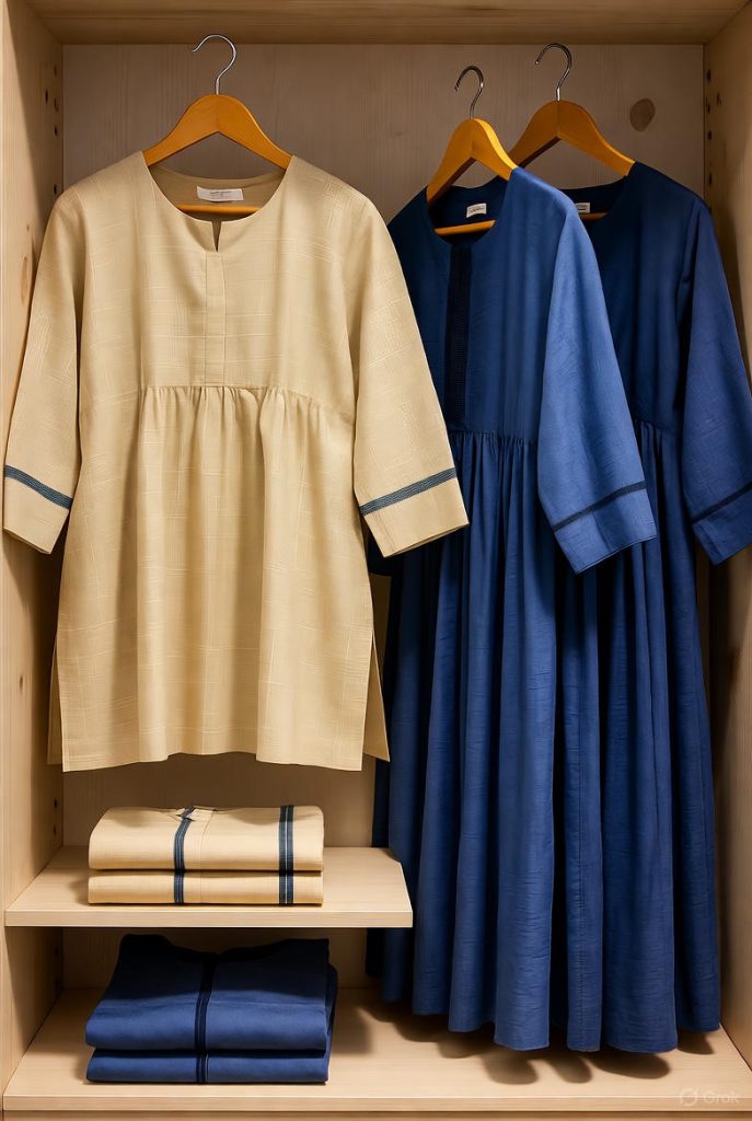 Khadi outfits on boutique hangers.