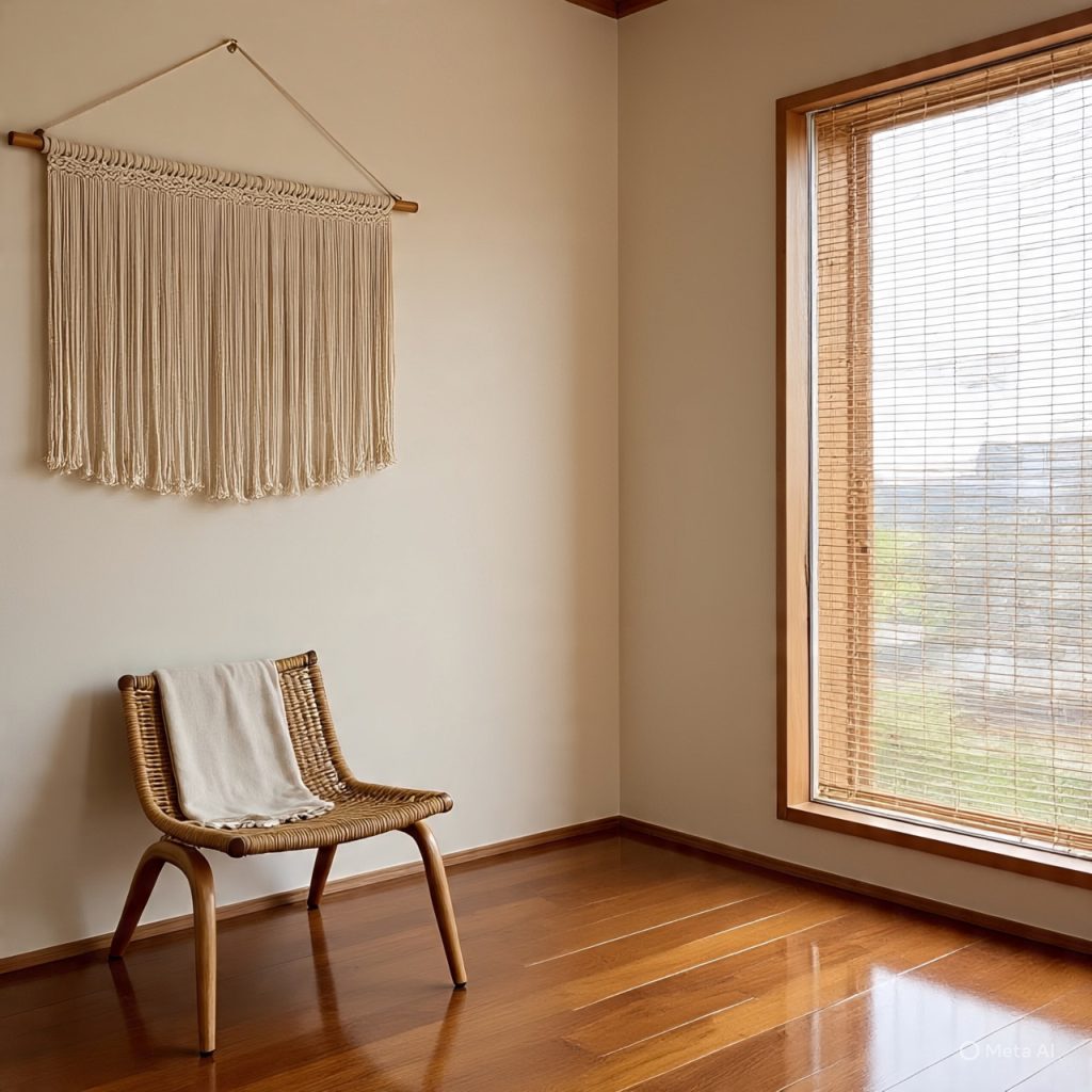 Japandi living area with bamboo, macramé, and rattan accents in neutral tones.