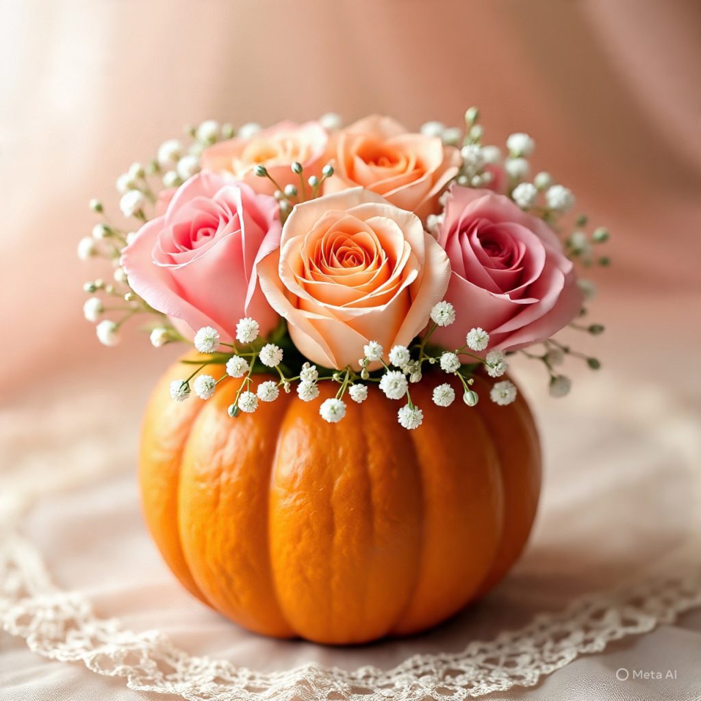Romantic rose arrangement in a pumpkin vase.