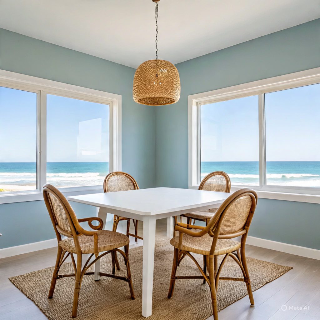 Coastal dining room with rattan chairs and ocean-inspired tones.