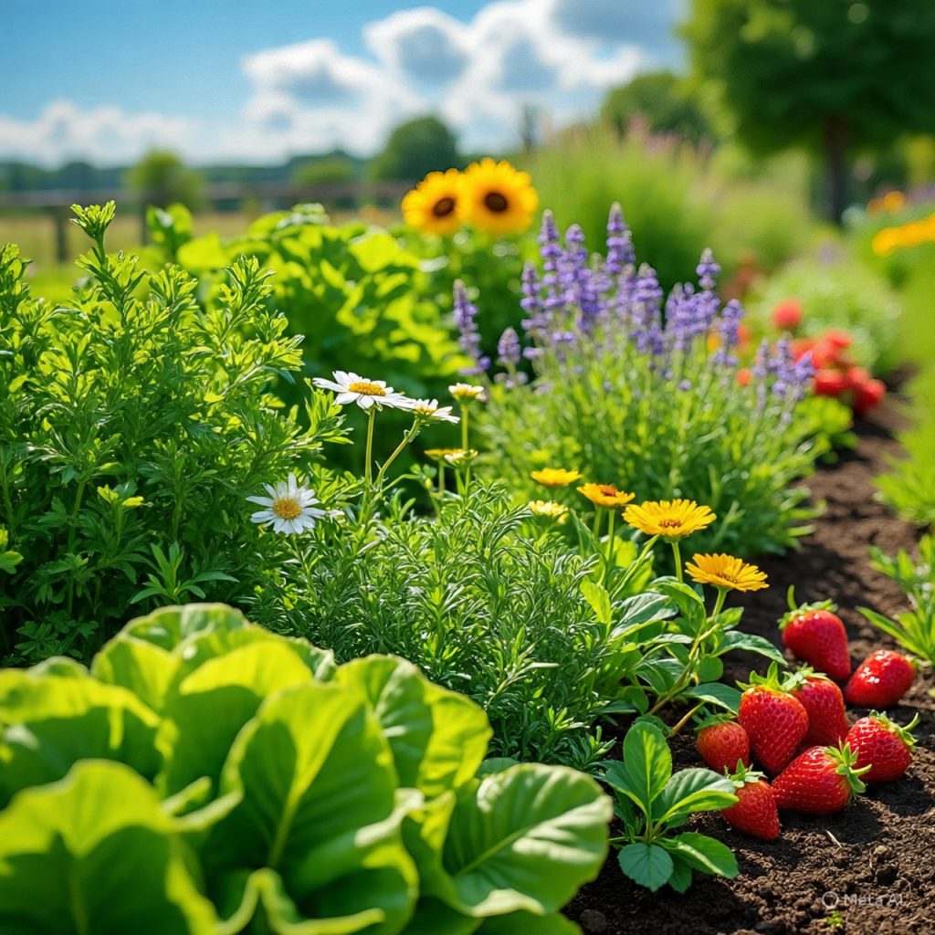 Herbs and vegetables growing among flowers in a cottage-style edible garden.
