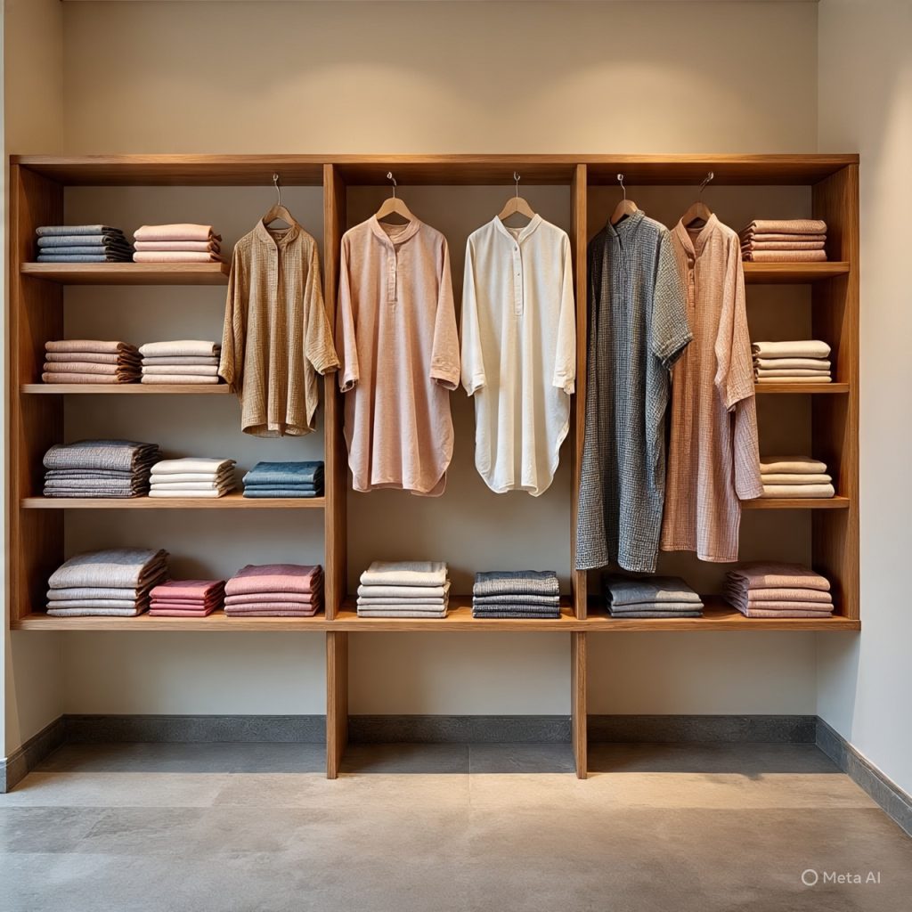 Handloom cotton outfits on boutique shelves.