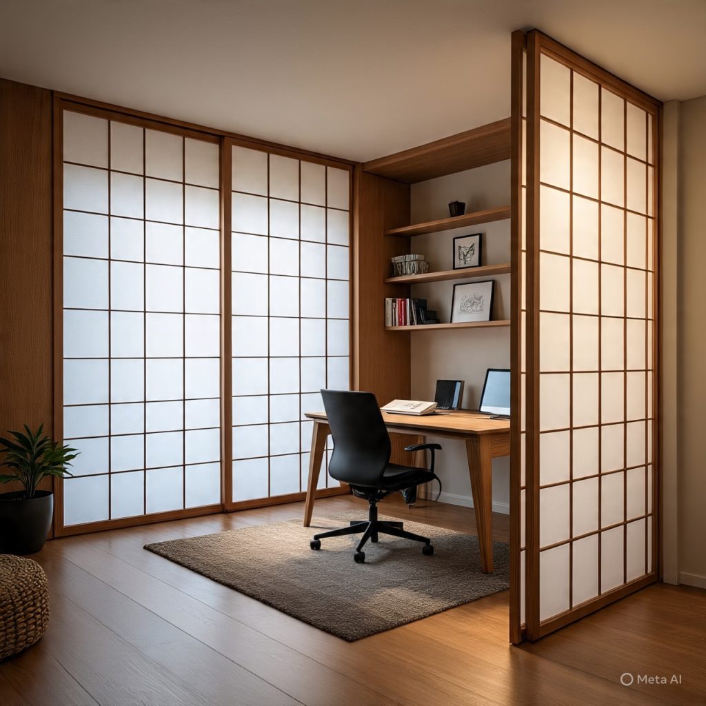 Japanese office divided by shoji screens for calm workspace.