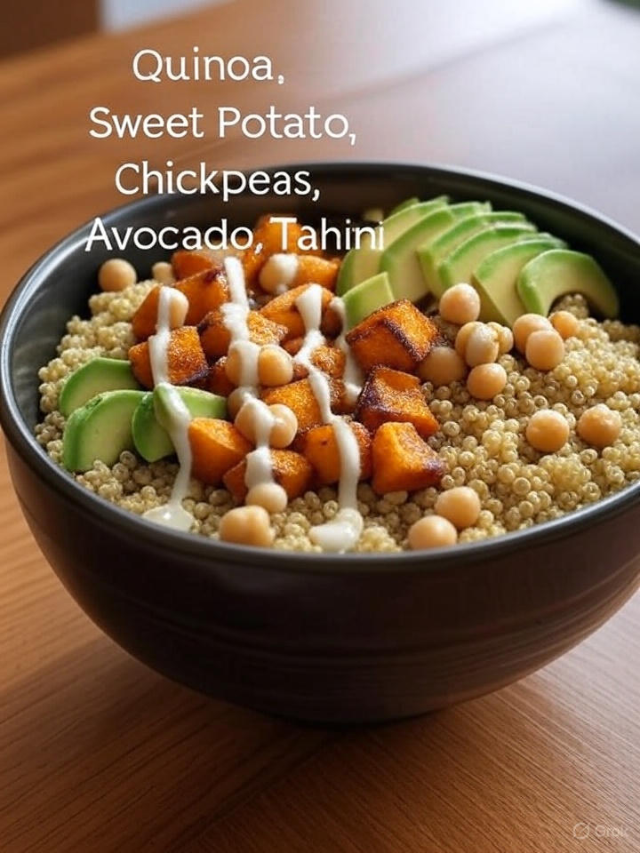 A bowl of quinoa, sweet potato, chickpeas, and avocado drizzled with tahini.