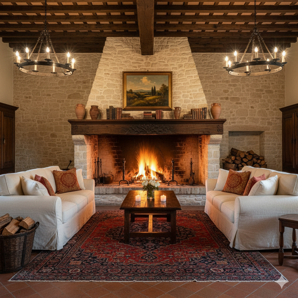 Large stone fireplace in cozy Italian country home.