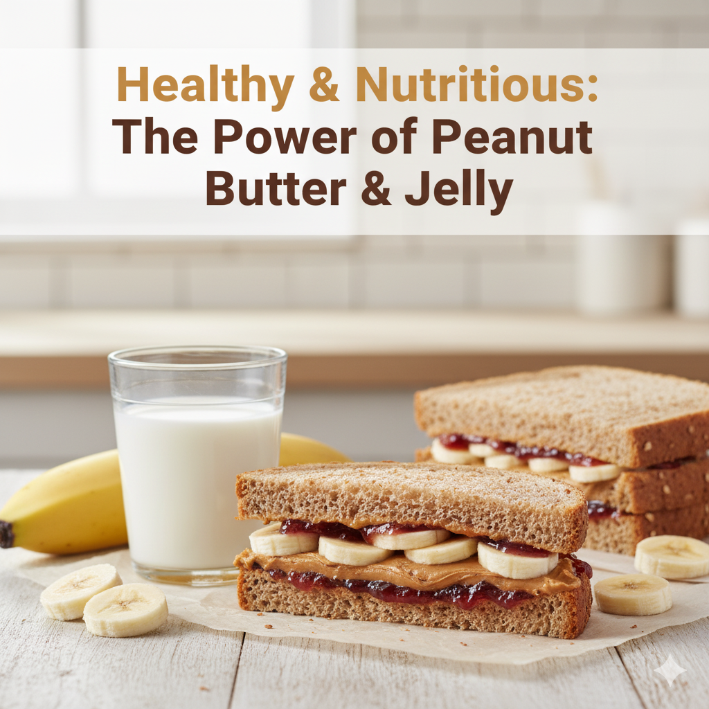 Nutritious peanut butter and jelly sandwich served with milk and fruit.