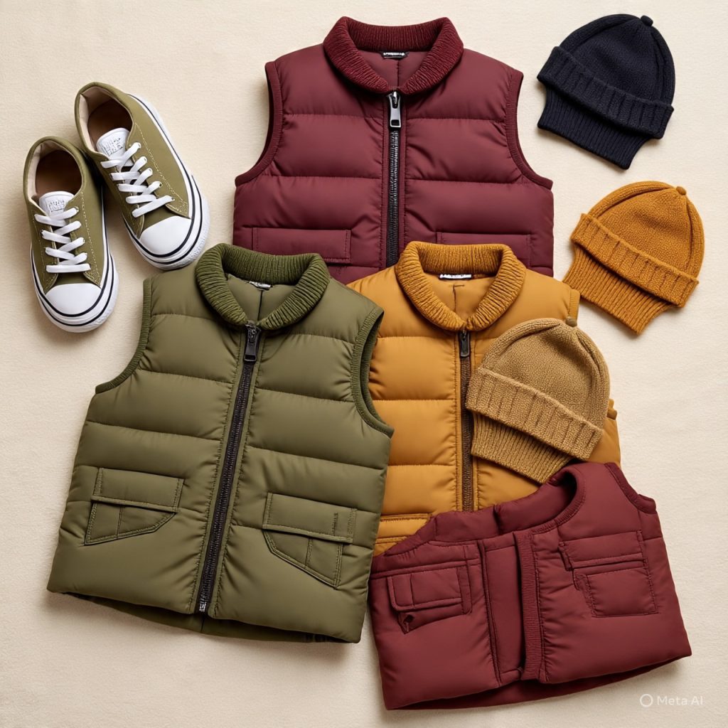 Colorful kids’ quilted vests styled for mild winter days.