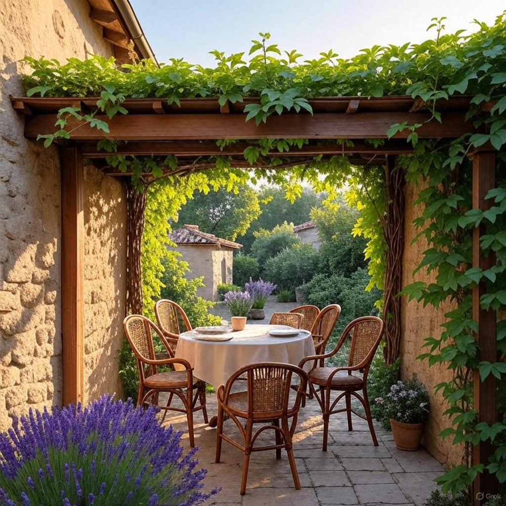 Italian courtyard with pergola and outdoor dining area.