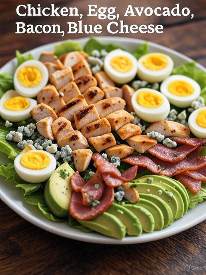 A close-up of a Cobb salad with chicken, hard-boiled eggs, avocado, bacon, and blue cheese crumbles on a bed of lettuce.