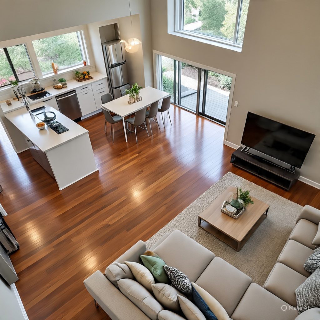 Open-plan home layout with seamless kitchen and living space.