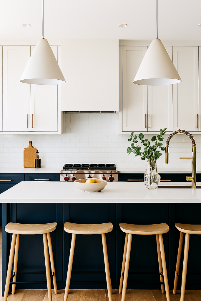 Two-tone modern kitchen with navy and white cabinets.