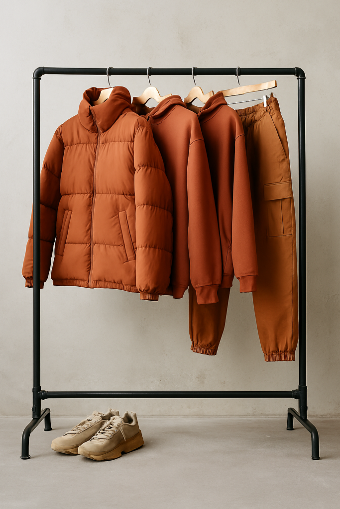 Warm-toned rust and terracotta streetwear collection for 2025.