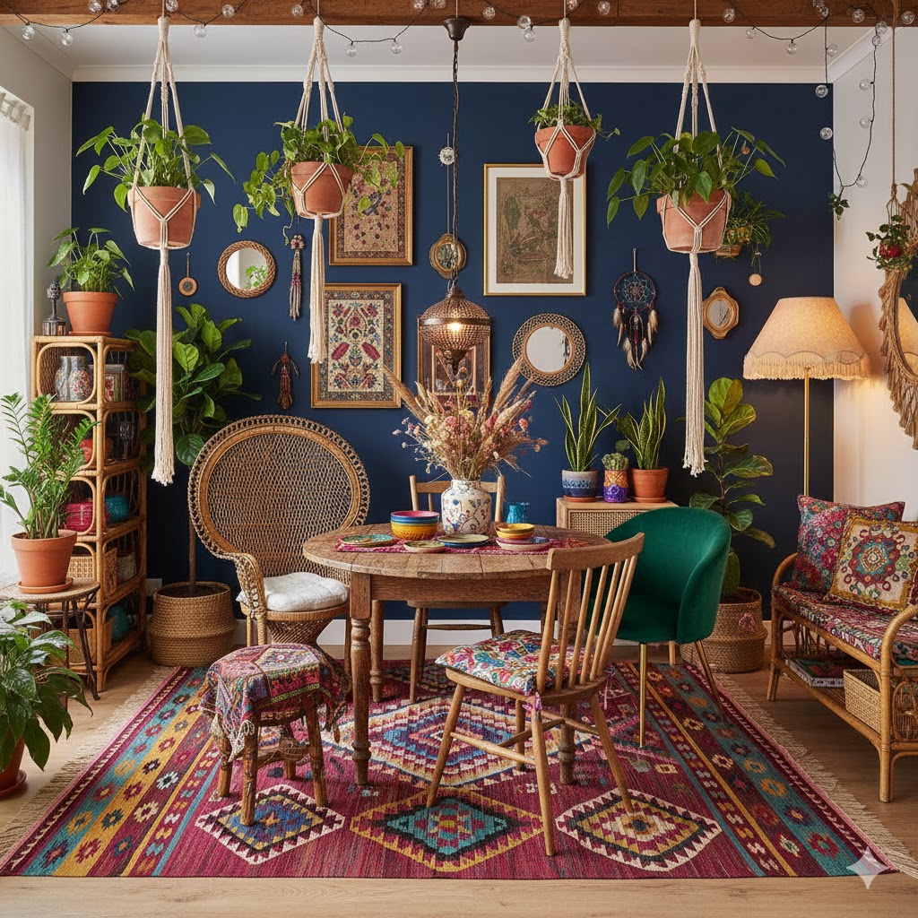 Colorful bohemian dining room with patterned rug and plants.