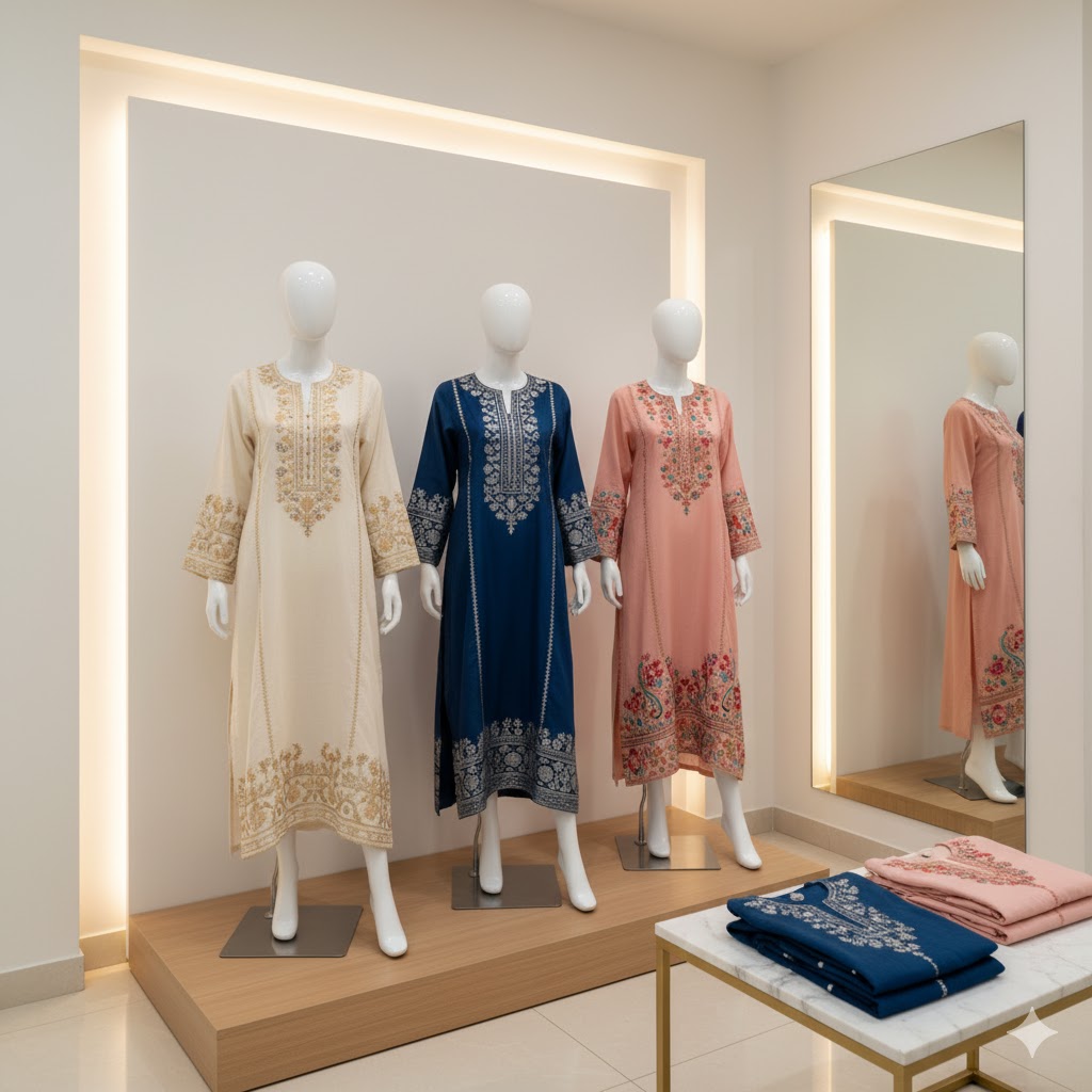 Embroidered tunics on boutique display.