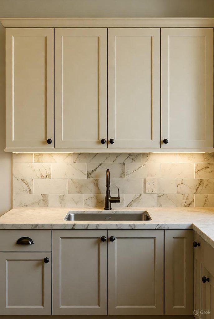 Beige and cream two-tone kitchen with marble backsplash.