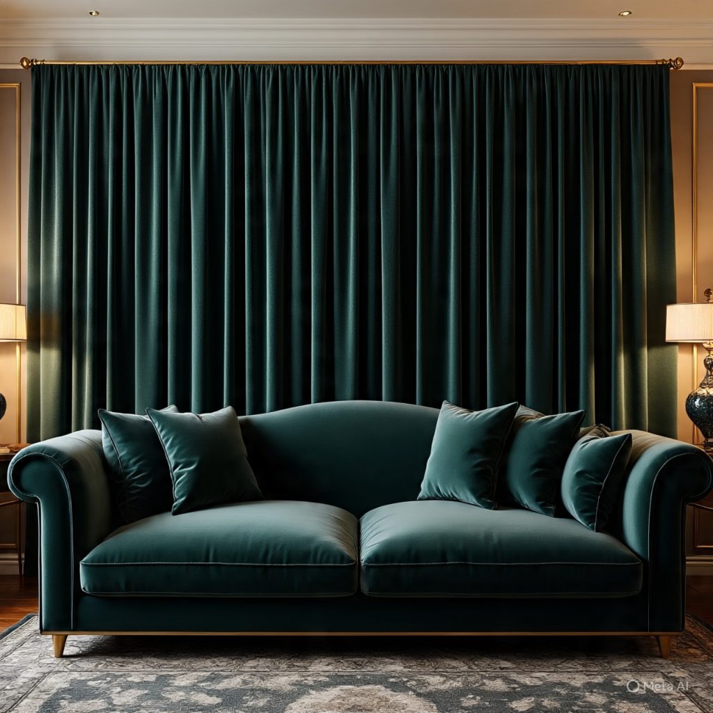 Velvet curtains adding luxury to living room interior