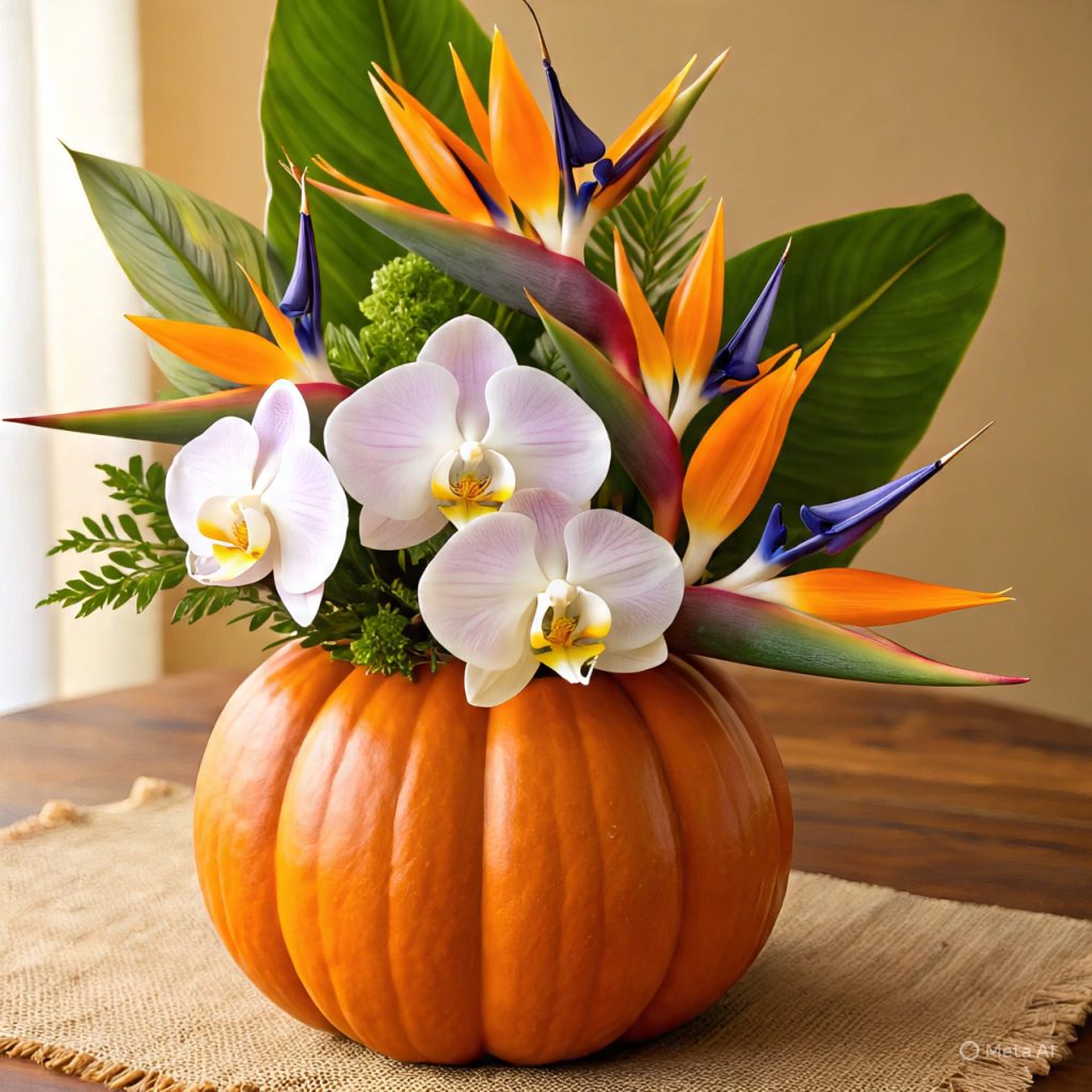 Tropical-themed colorful flowers in a pumpkin vase.