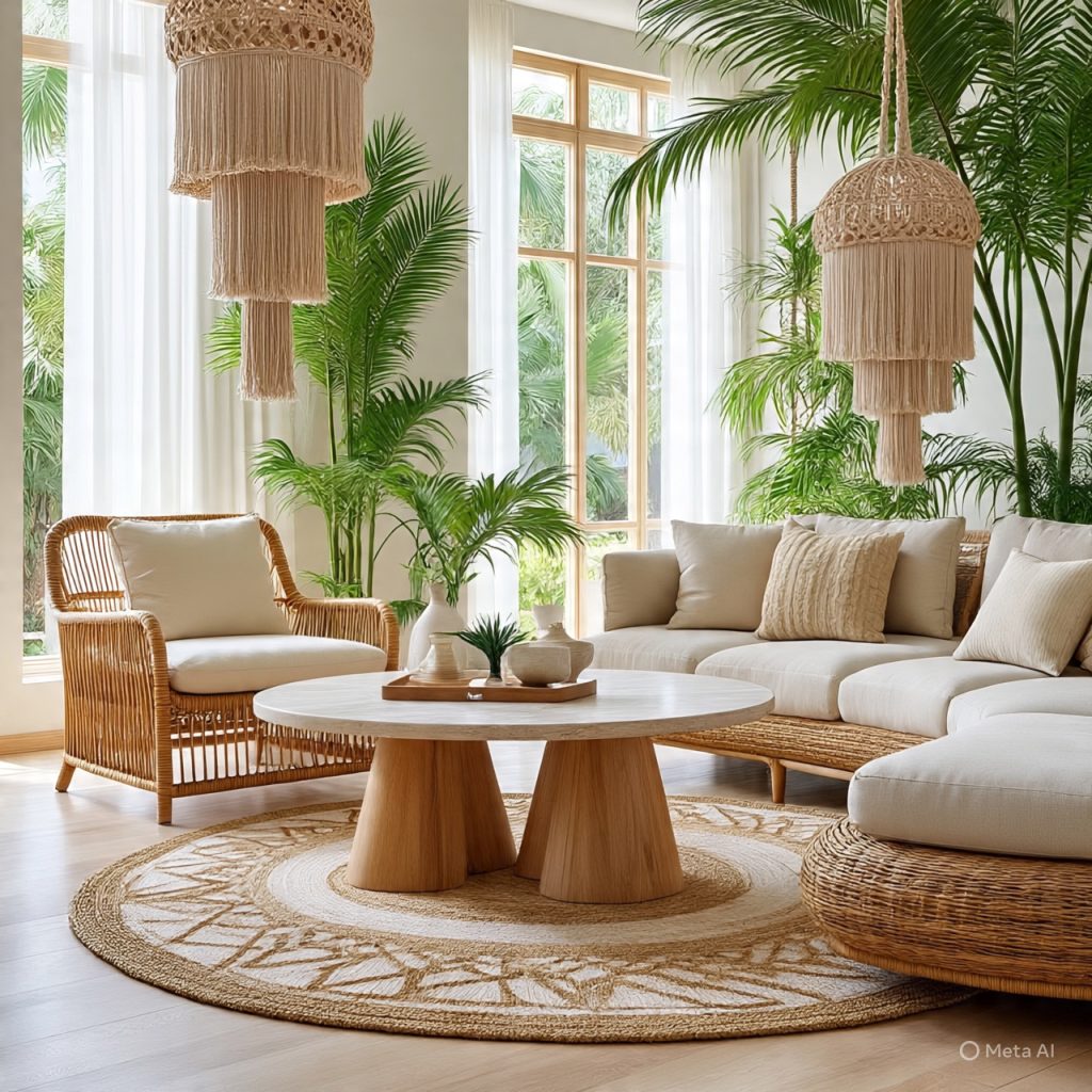 Tropical rattan lounge with macramé planters and woven textures.
