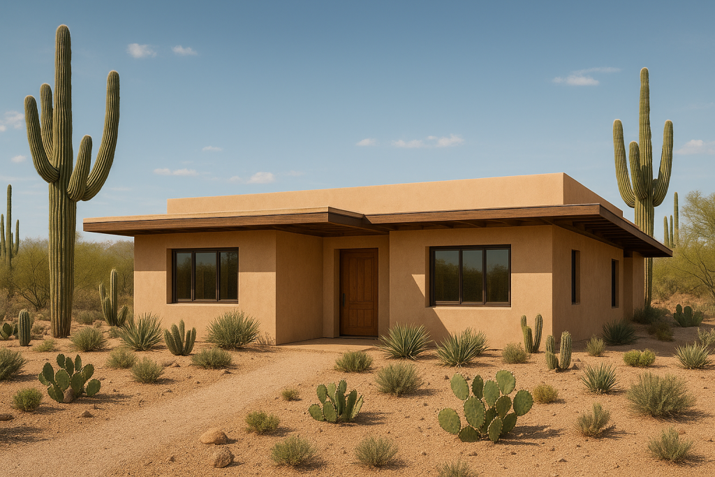 Flat-roof ranch with desert landscaping and cacti.