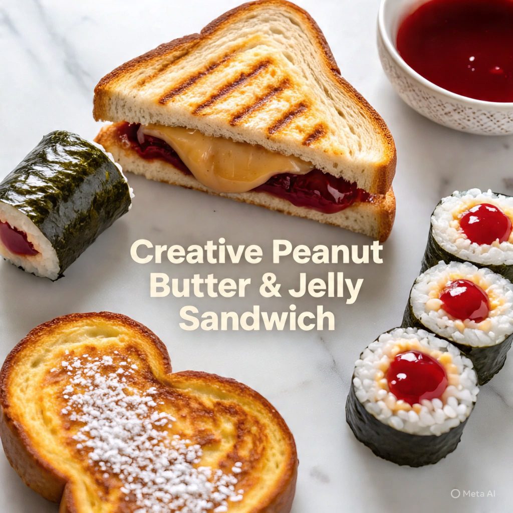 Creative peanut butter and jelly sandwich variations on marble table.