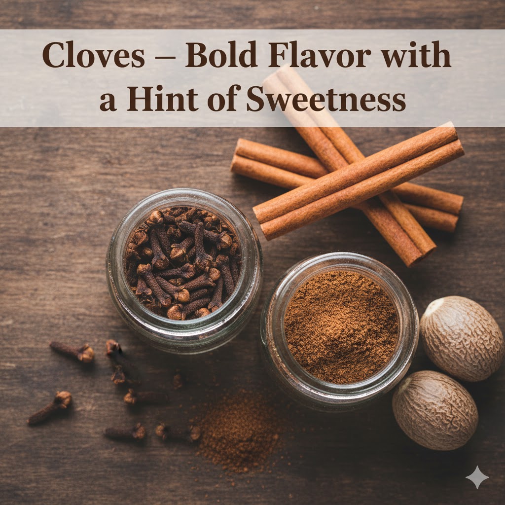 A close-up shot of cloves and cinnamon sticks on a wooden surface, with the text "Cloves – Bold Flavor with a Hint of Sweetness" at the top.