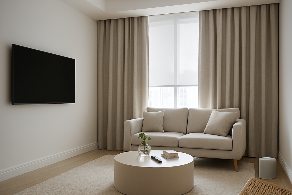 Smart motorized curtains in a contemporary living room