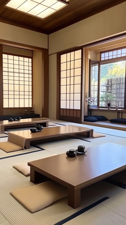 Japanese low seating workspace with tatami mats and cushions.