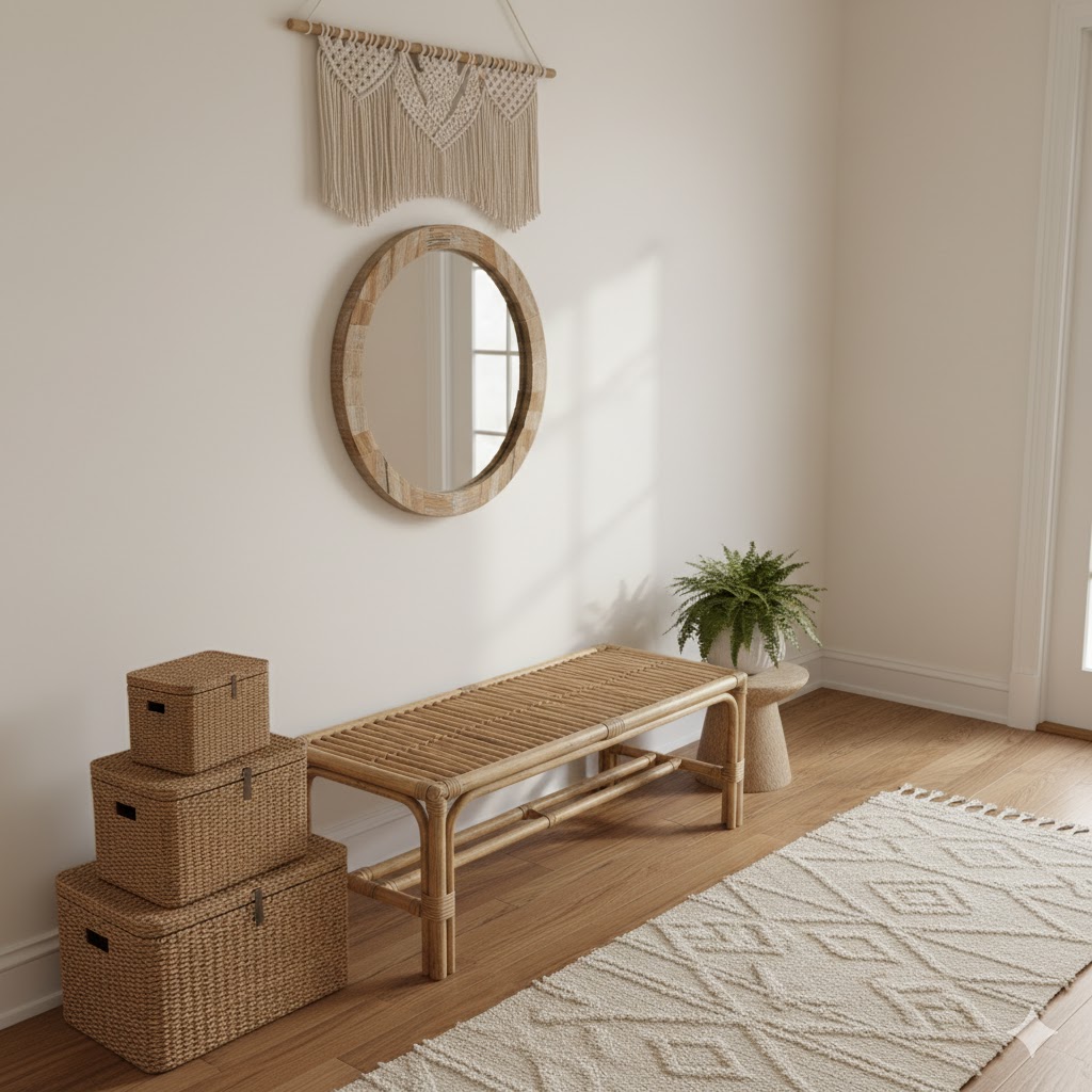 Wicker entryway with rattan bench and small macramé wall decor.