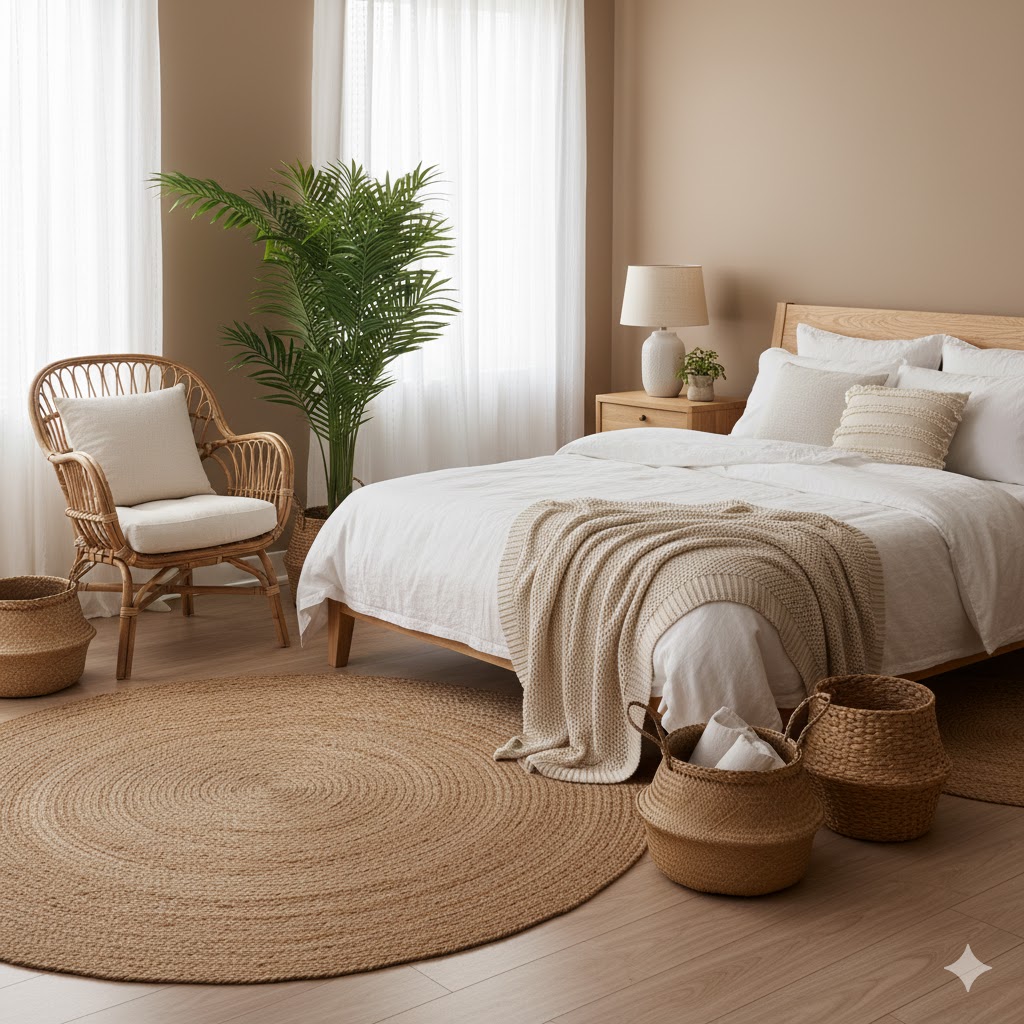 Bedroom styled with natural textures and earthy spring tones.